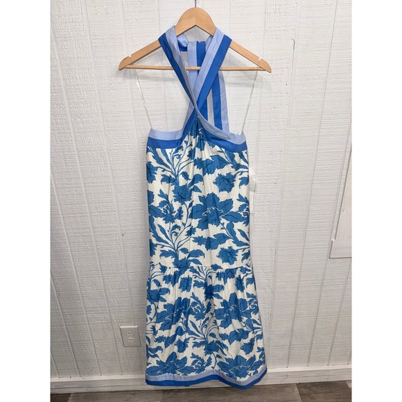 entro Dresses & Skirts - Entro Floral Halter Midi Dress Womens Blue White Coastal Tiered Pockets Small